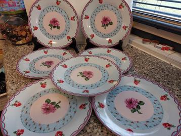 7 borden plat Theo blauw roze bloem roos 23 cm     beschikbaar voor biedingen