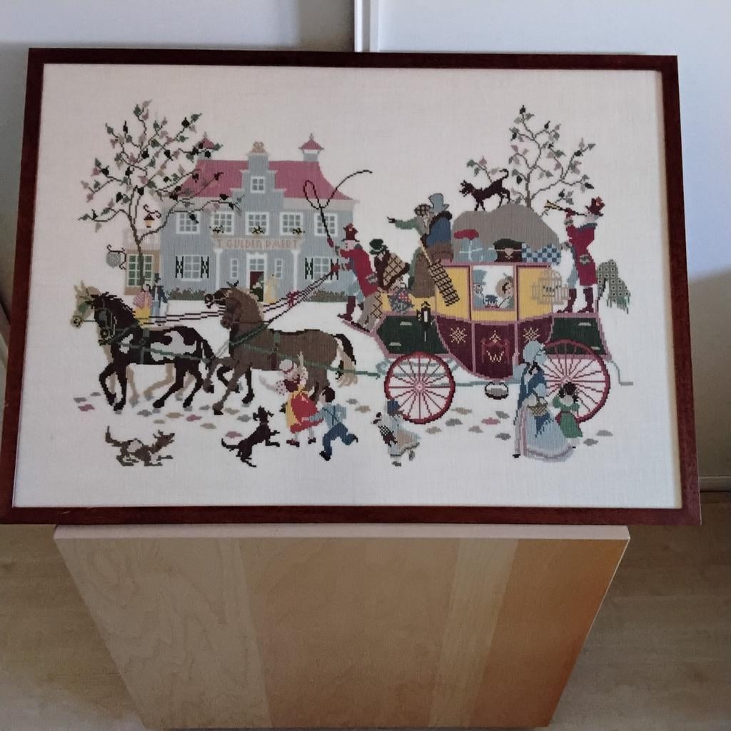 Vintage ingelijst borduurwerk "t Gulden Paert" 81x58 cm, Ophalen of Verzenden