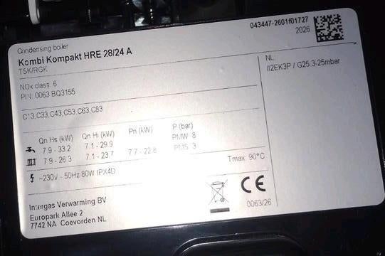 Intergas HRE 28/24 A🔥22.02.2026 geplaats-zie factuur🚿CW4, Doe-het-zelf en Verbouw, Verwarming en Radiatoren, Ophalen, 30 tot 80 cm