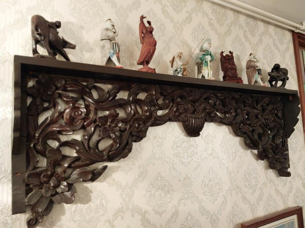 Antiek Aziatisch Houtsnijwerk Wandplank incl. 8 Beeldjes, Antiek en Kunst, Kunst | Beelden en Houtsnijwerken, Ophalen