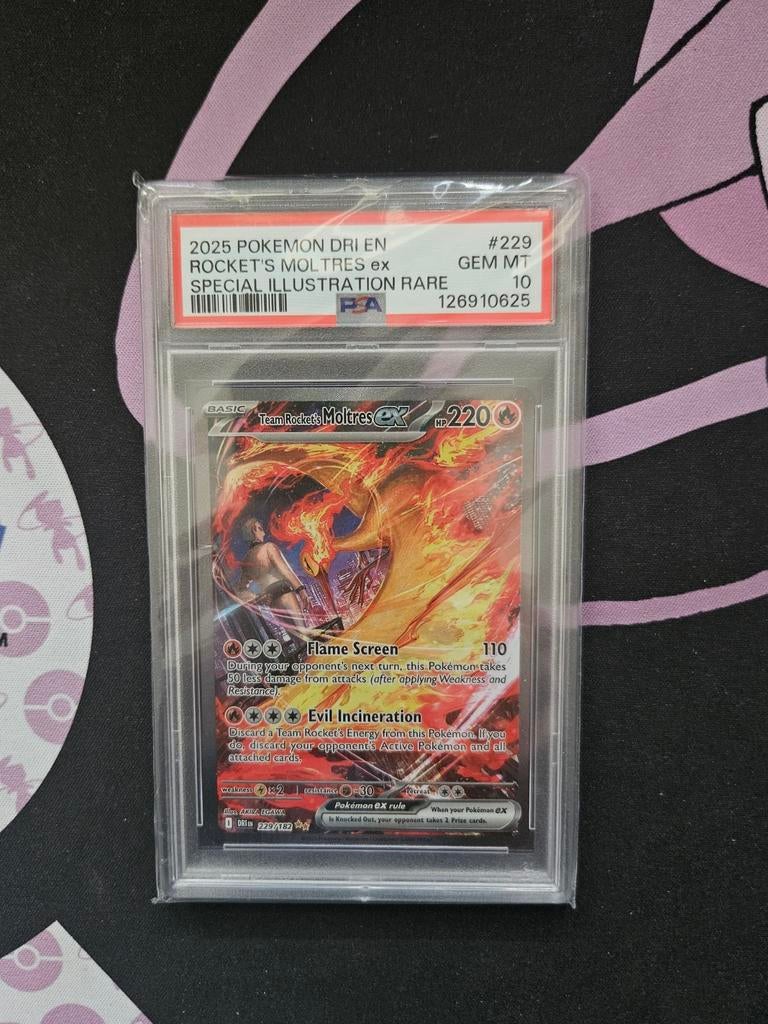 Pokemon Team Rocket's Moltres ex 229 Destined Rivals PSA 10, Ophalen of Verzenden, Zo goed als nieuw, Losse kaart, Foil