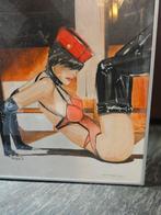 Ingelijste tekening van een vrouw in latex kleding, Ophalen of Verzenden