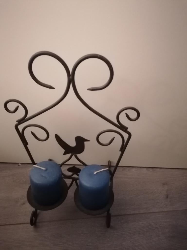 Metalen Kandelaar met Vogel - 2 Kaarsen, Huis en Inrichting, Woonaccessoires | Kandelaars en Kaarsen, Gebruikt, Bruin, Ophalen of Verzenden