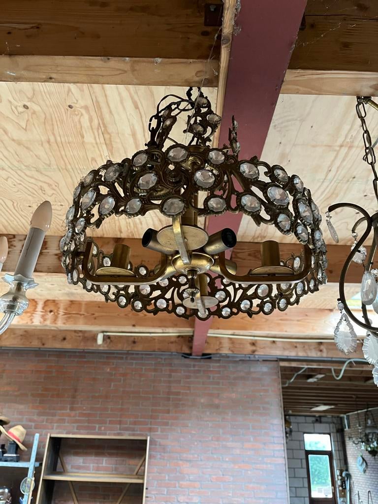 Vintage Hanglamp met Kristallen - Klassieke Stijl, Ophalen, Gebruikt, Metaal, Minder dan 50 cm