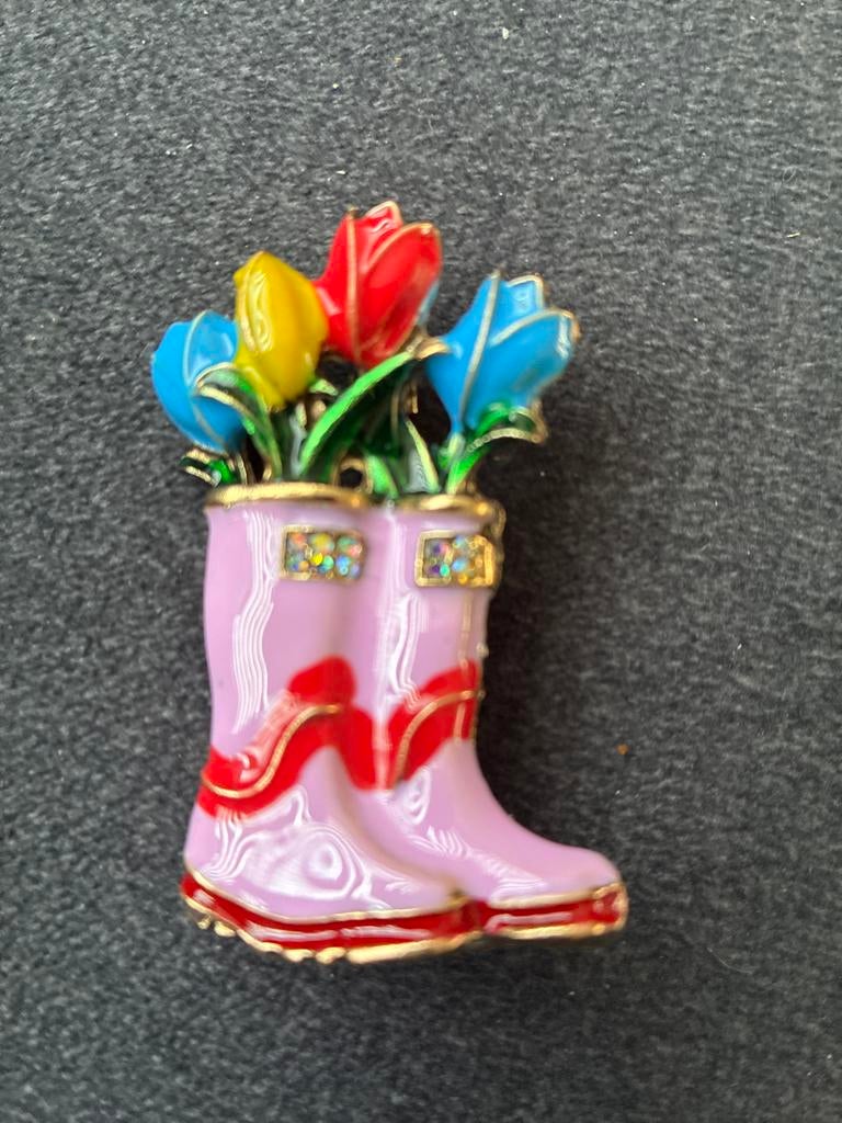 Broche Laars met Tulpen - Kleurrijk en Uniek, Overige materialen, 4 tot 7 cm, Gebruikt, Ophalen of Verzenden