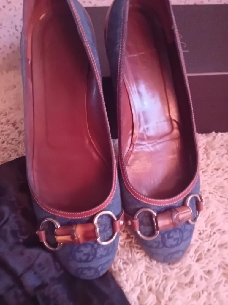 Gucci denim ballerina met bamboo horse bit 38,5, Ballerina's, Gedragen, Verzenden, Blauw