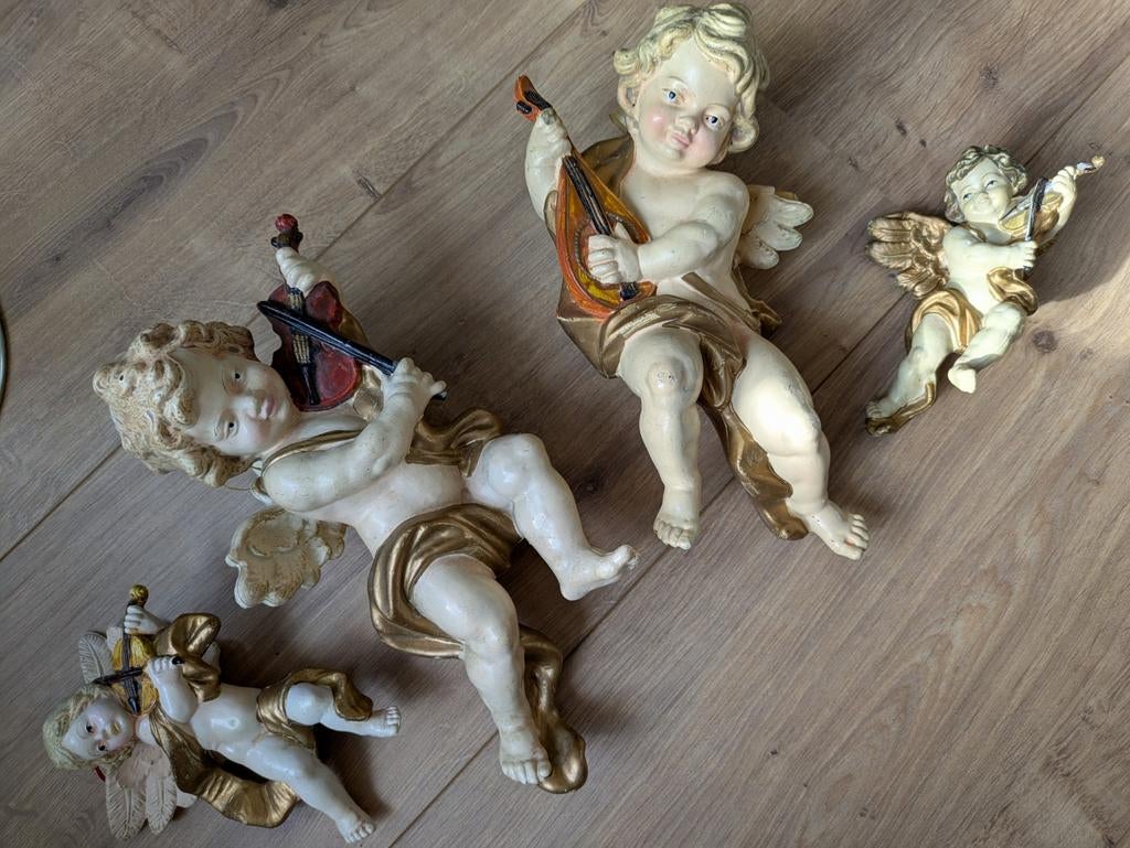 Set van 4 charmante hele oude engelen met muziekinstrumenten, Ophalen of Verzenden, Gebruikt