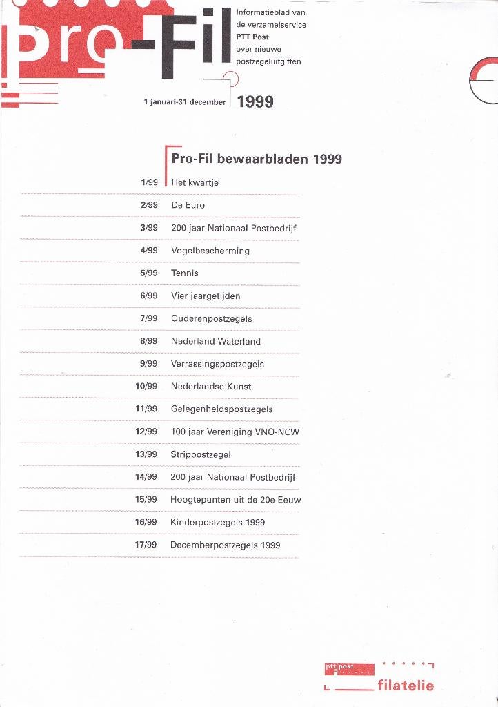 Pro-Fil bladen – jaargang 1999 – 18 bladen, Postzegels en Munten, Postzegels | Nederland, Verzenden, Na 1940, Gestempeld