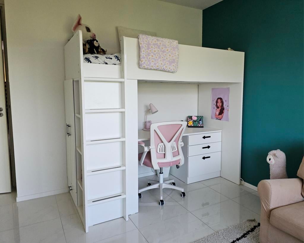 Hoogslaper met bureau en opbergruimte - Wit, Ophalen, 85 tot 100 cm, Lattenbodem, Zo goed als nieuw