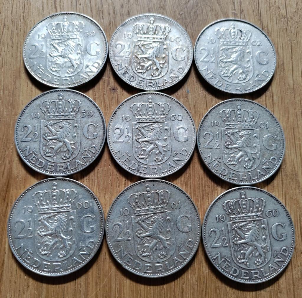 9x Zilveren rijksdaalder Juliana (1959-1966), Koningin Juliana, Setje, Zilver, Ophalen of Verzenden