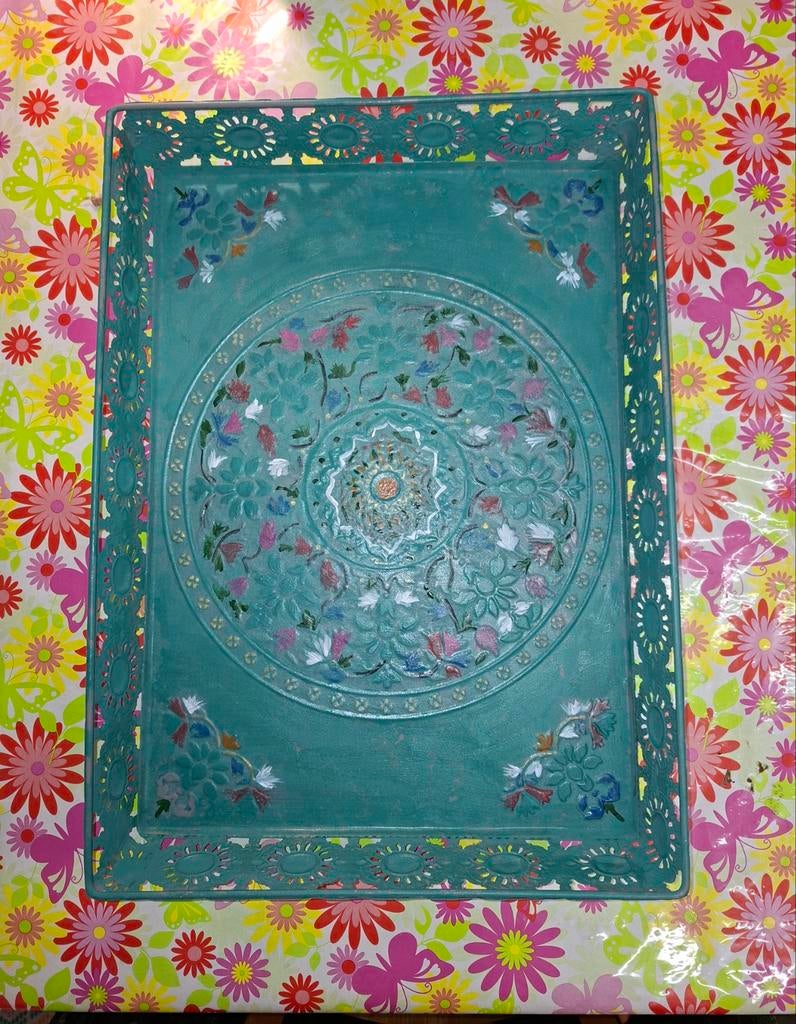 Dienblad boho ibiza turquoise metaal beschilderd, Ophalen of Verzenden, Zo goed als nieuw, Rechthoekig, Metaal