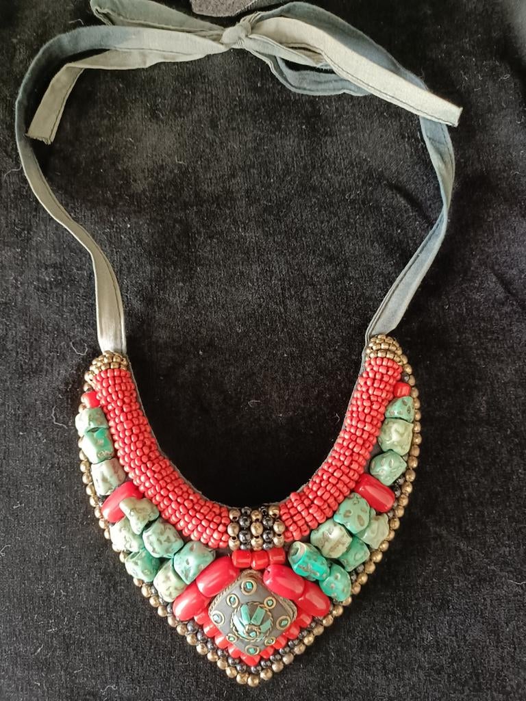 Unieke Vintage Handgemaakte Ketting met Nepalees Middenstuk, Ophalen of Verzenden, Overige materialen, Verstelbaar