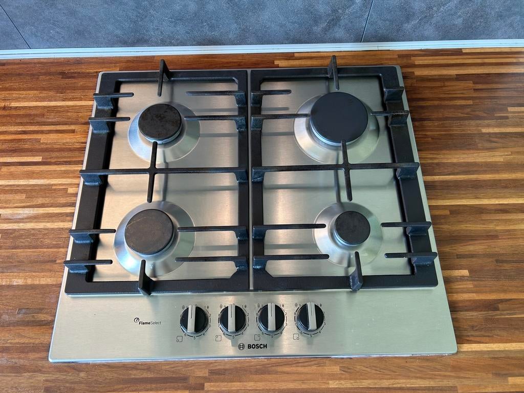 Bosch gasstel RVS inbouw elektrische ontsteking, Witgoed en Apparatuur, Kookplaten, Ophalen, 4 kookzones, Zo goed als nieuw, Inbouw