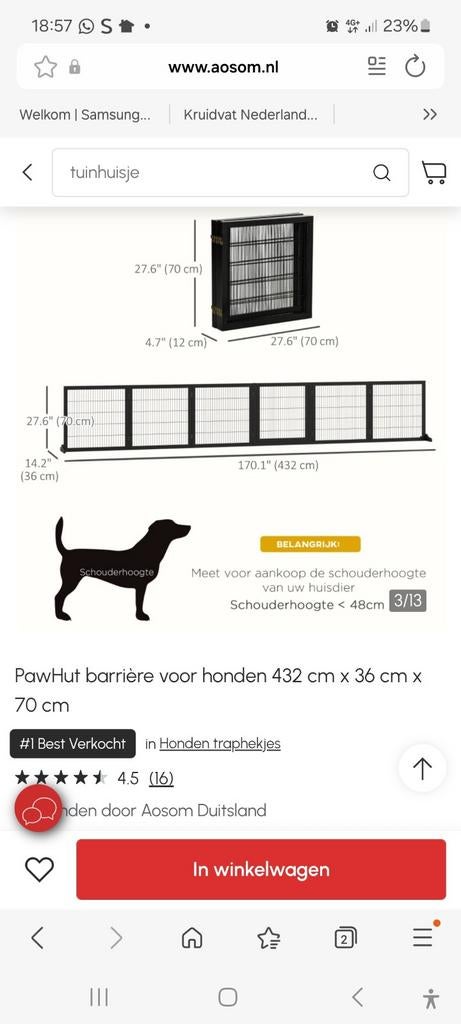 Hondenhek/ren/afzetting van pawhut, Ophalen, 110 cm of meer