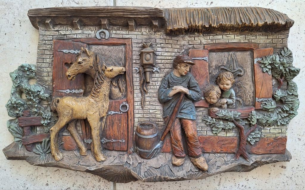 Vintage Wanddecoratie: Boerderijtafereel met Paarden, Wandsculptuur, Gebruikt, Meerkleurig, Landelijk