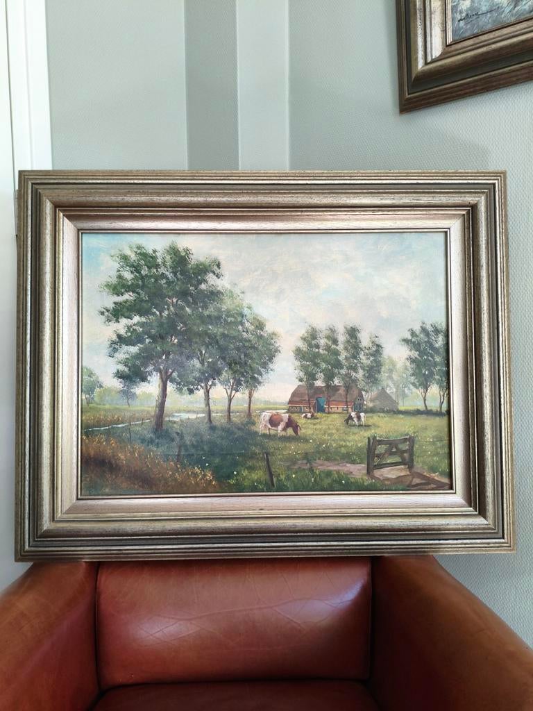 Oud Hollands landschap schilderij met boerderij en koeien, Antiek en Kunst, Kunst | Schilderijen | Klassiek, Ophalen