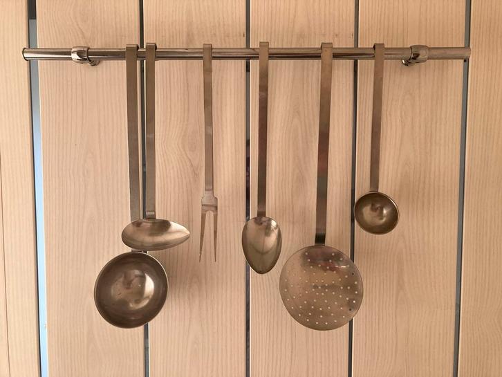 RVS Lepelrek met 6 Keukengerei - Soeplepel, Spatel, Vork, Huis en Inrichting, Keuken | Keukenbenodigdheden, Gebruikt, Ophalen