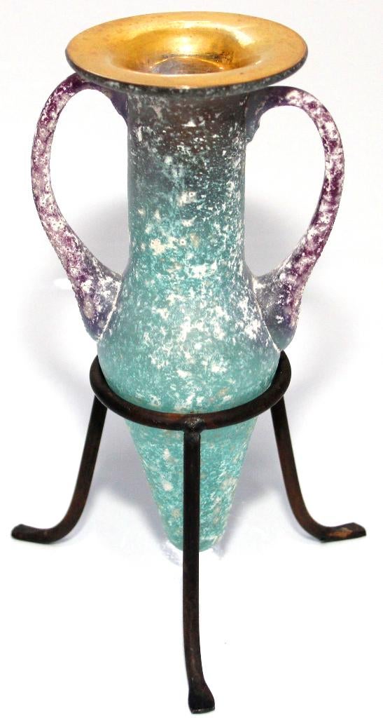 Schitterende Antieke Groen Paars Scavo Glas Amfora Verguld, Antiek en Kunst, Antiek | Glas en Kristal, Ophalen of Verzenden