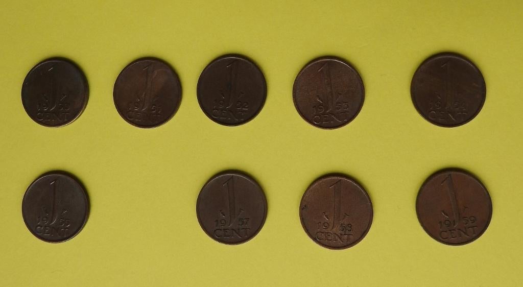 9 Centen 1950 51 52 53 54 55 -- 57 58 59, Postzegels en Munten, Munten | Nederland, Verzenden, Koningin Juliana, 1 cent, Setje