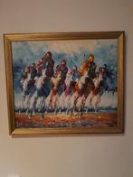 Vintage Schilderij paardenrace, olieverf op doek paletmes, Ophalen of Verzenden