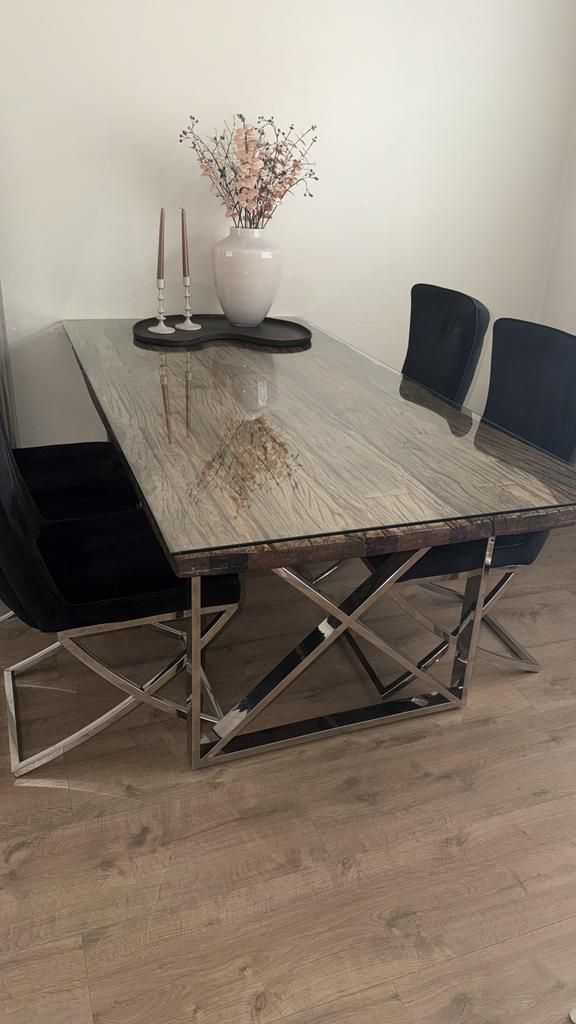 Luxe Richmond eettafel met glasblad 4 stoelen bieden, Huis en Inrichting, Tafels | Eettafels, 200 cm of meer, Zo goed als nieuw