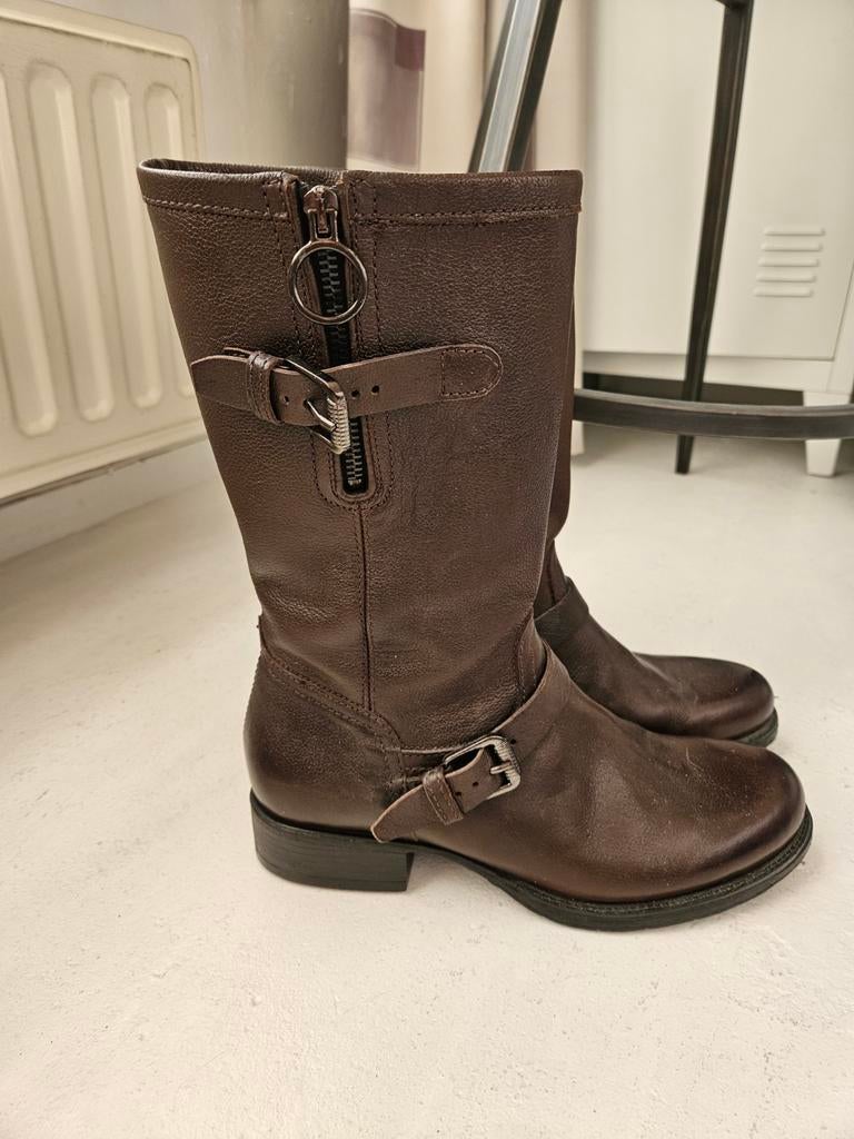 Bruine leren laarzen met rits en gespen, Bruin, Lage of Enkellaarzen, Nieuw, Ophalen of Verzenden