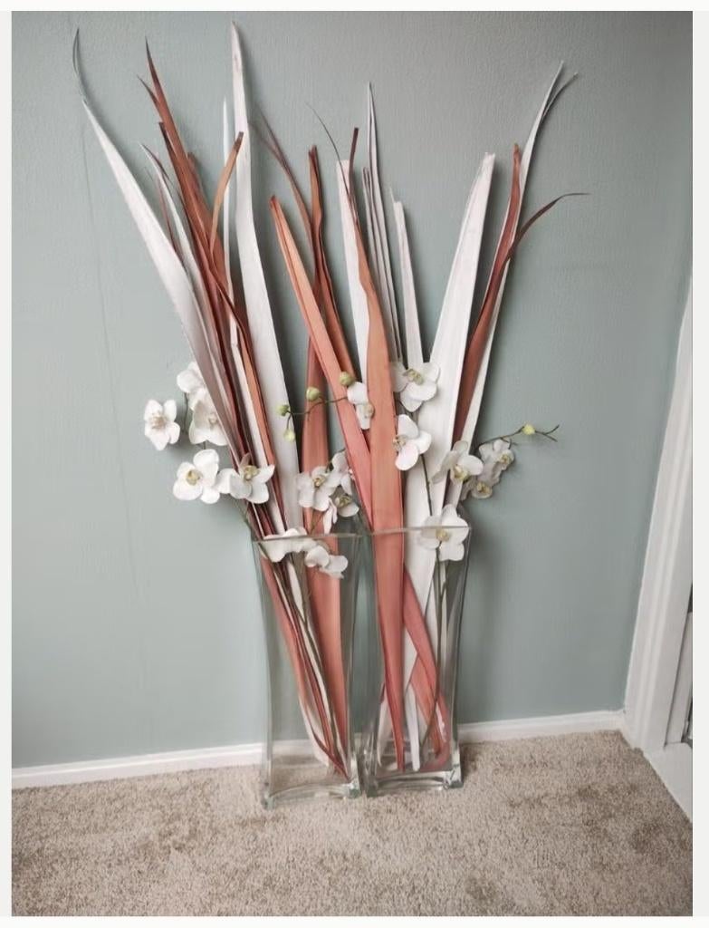 Twee decoratieve vazen met kunstbloemen en takken, Ophalen, Gebruikt, Overige kleuren, Glas