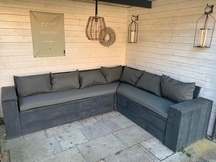 Steigerhouten loungeset inclusief kussens., Tuin en Terras, Tuinsets en Loungesets, Gebruikt, Steigerhout, 5 zitplaatsen, Ophalen