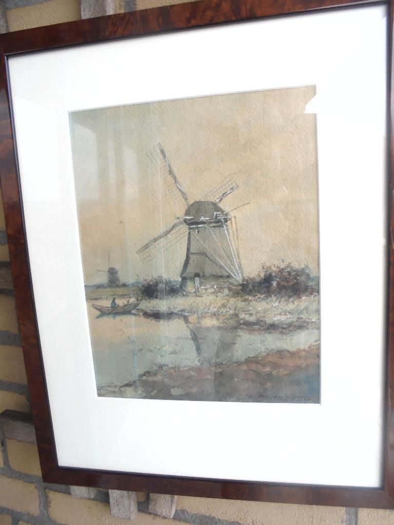 aquarel landschap met molen haagse school weissenbruch, Ophalen of Verzenden