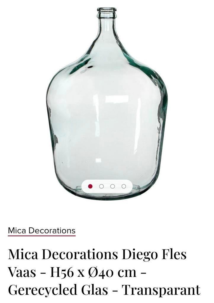 Mica Decorations Diego Fles Vaas - H56 x Ø40 cm, Huis en Inrichting, Woonaccessoires | Vazen, Ophalen, Zo goed als nieuw, Glas