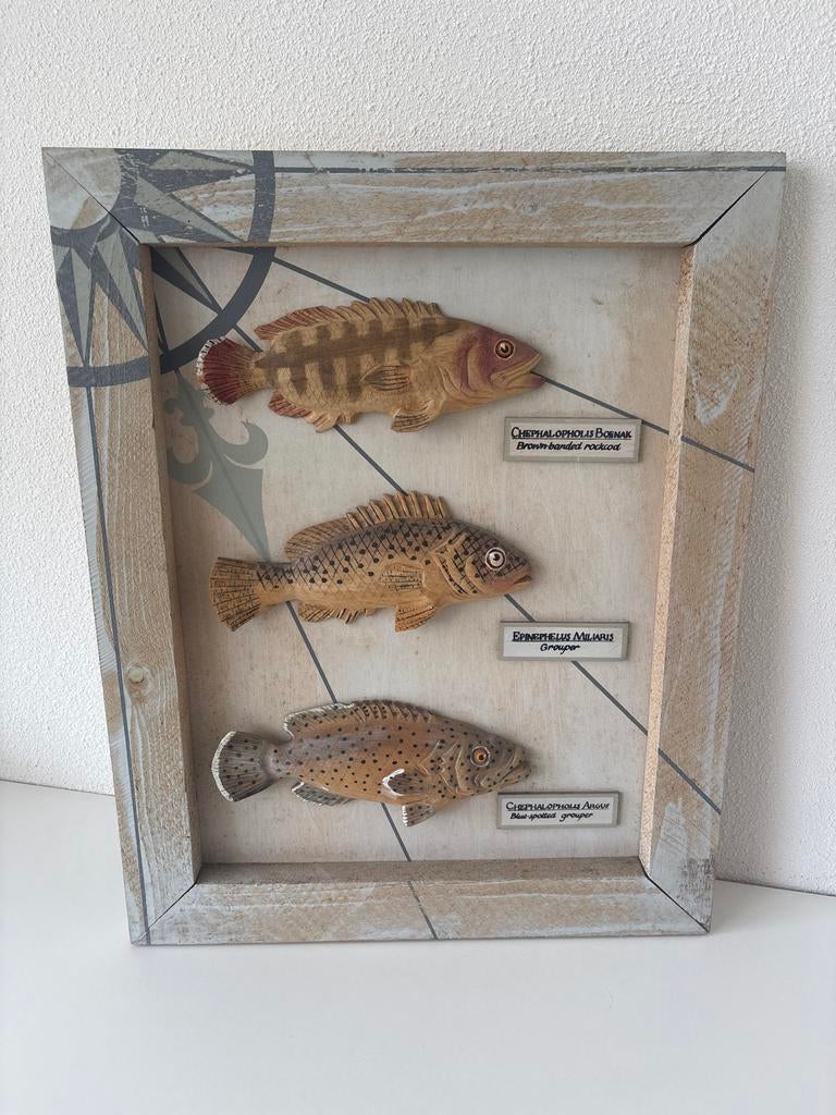 Houten wanddecoratie met 3 vissen, Antiek en Kunst, Ophalen of Verzenden, Handgemaakt, Wanddecoratie, 20 - 50 cm