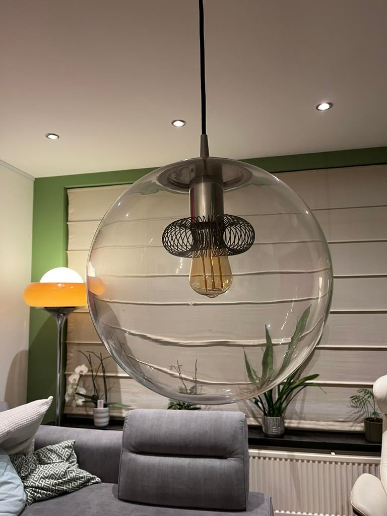 Vintage glazen globe hanglamp Peill & Putzler bol, Ophalen, Gebruikt, Vintage, Glas