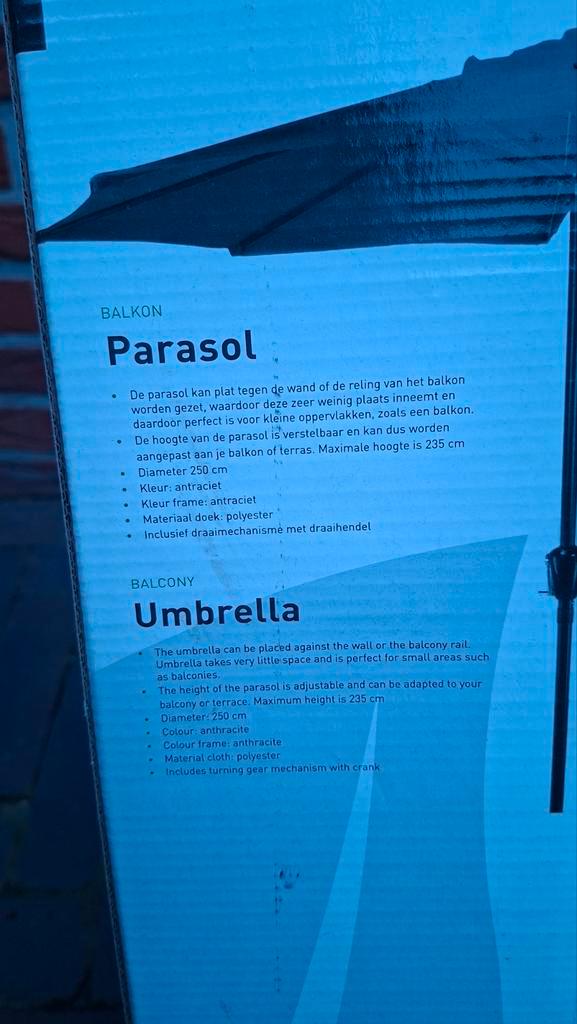 Balkon parasol - Antraciet - Livin Outdoor, Tuin en Terras, Parasols, Nieuw, Muurparasol, 2 tot 3 meter, Verstelbaar, Ophalen of Verzenden