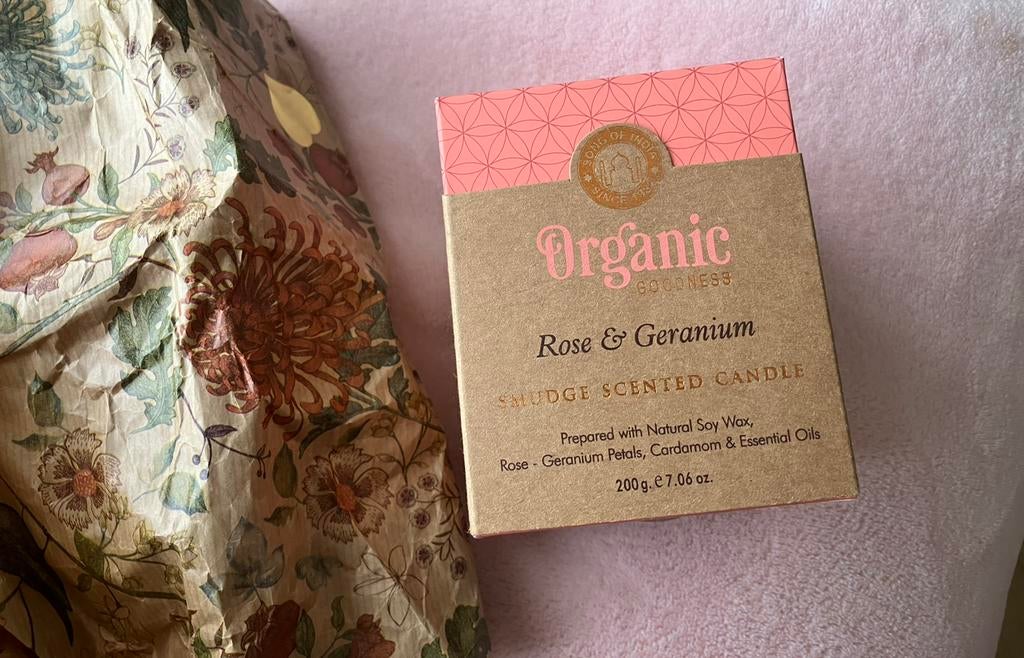 Song of India organic soy wax candle Rose & Geranium kaars, Ophalen of Verzenden, Nieuw, Overige materialen, Minder dan 25 cm