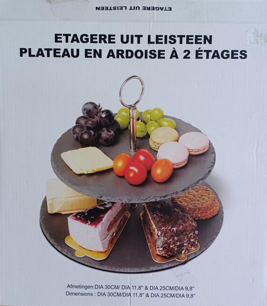 Leistenen etagère, 2 laags,  diameter resp. 30 cm/20 cm, Ophalen of Verzenden, Zo goed als nieuw