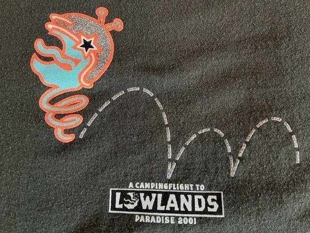 festival shirt Lowlands 2001 unisex grijs fluo glitter XL, Fruit of the Loom, Maat 46/48 (XL) of groter, Ophalen of Verzenden
