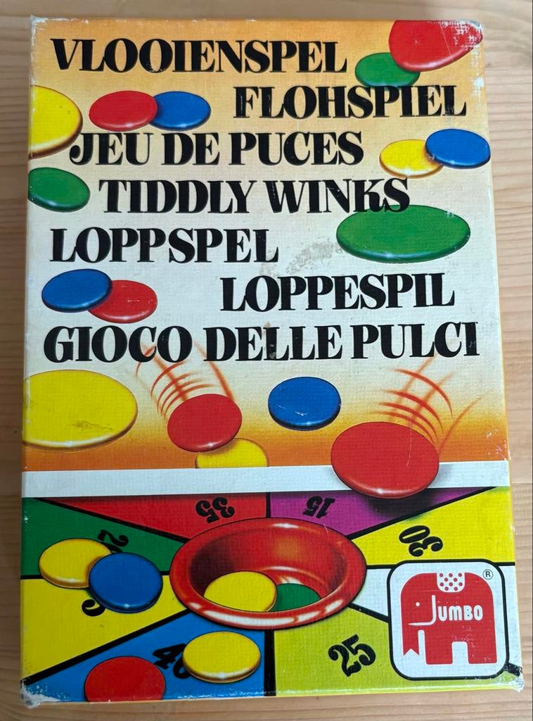 Vintage Jumbo Vlooien en Tiddly Winks spel -  behendigheid, Een of twee spelers, Ophalen of Verzenden, Gebruikt