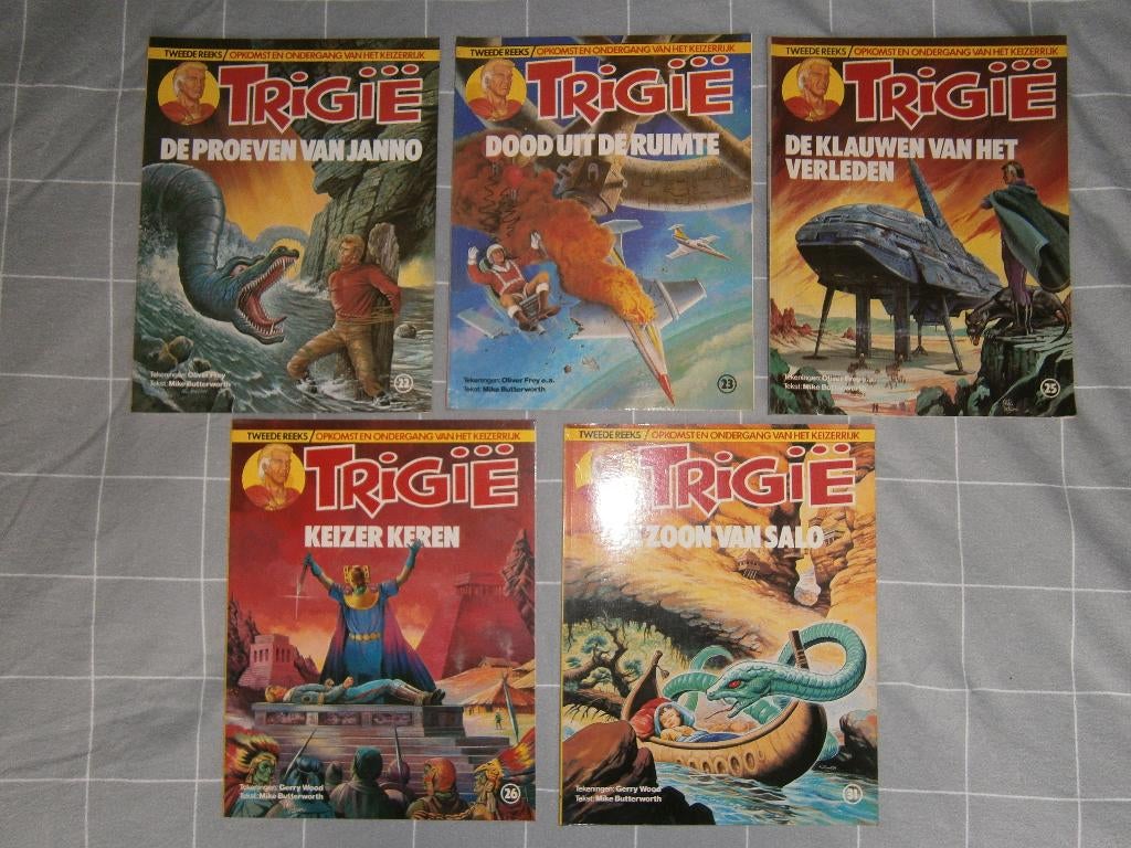 Trigië albums 22–23–25–26–31 Oberon tweede reeks (jaren 80), Mike Butterworth, Oliver Frey en Gerry Wood, Meerdere stripboeken