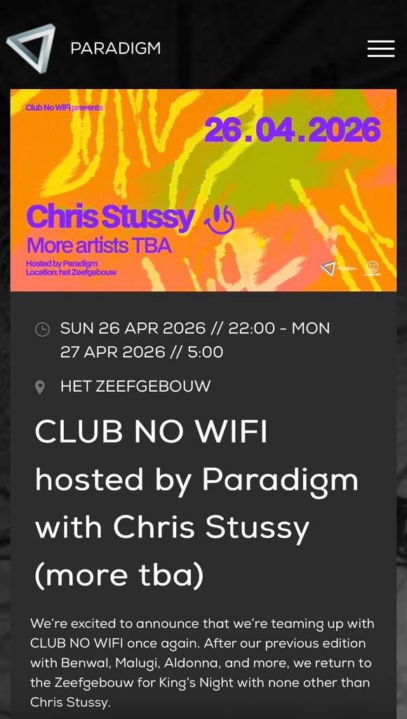 2 tickets Paradigm Club No Wifi Chris Stussy Kingsnight!, Tickets en Kaartjes, Twee personen