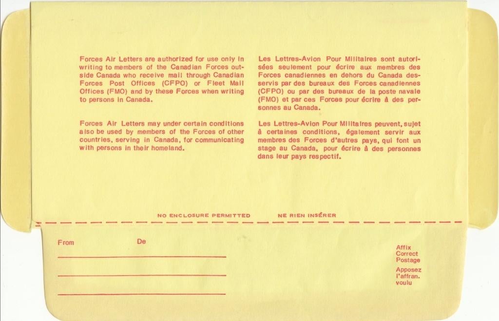Canada Forces Air Letter via CFPO en FMO ongebruikt, Ophalen of Verzenden, Overige typen