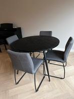 Zwarte ronde eettafel met 4 grijze stoelen, Ophalen, Gebruikt, 4 tot 6 stoelen