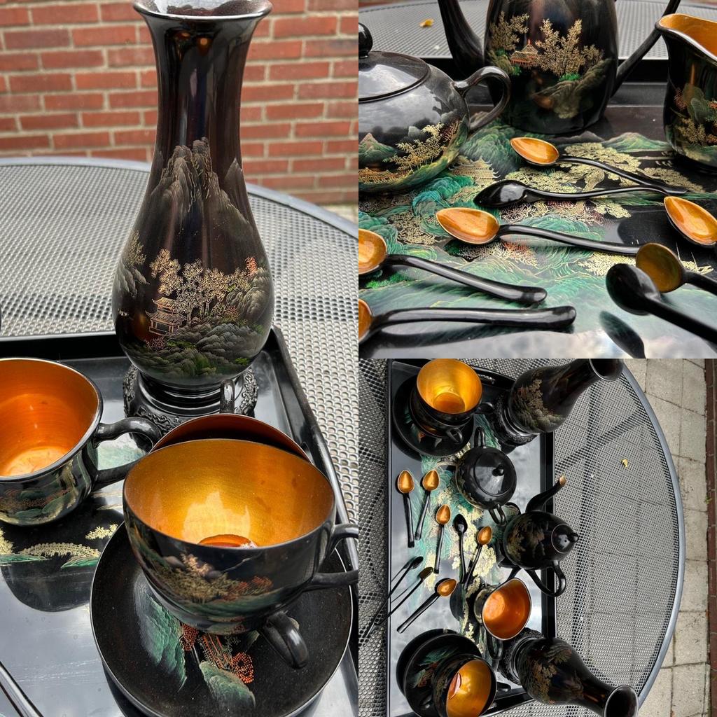 Antieke chinese lakwerk theeservies met 2 vazen, Ophalen