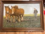 Olieverfschilderij: Ploegende boer met paarden, Antiek en Kunst, Ophalen of Verzenden