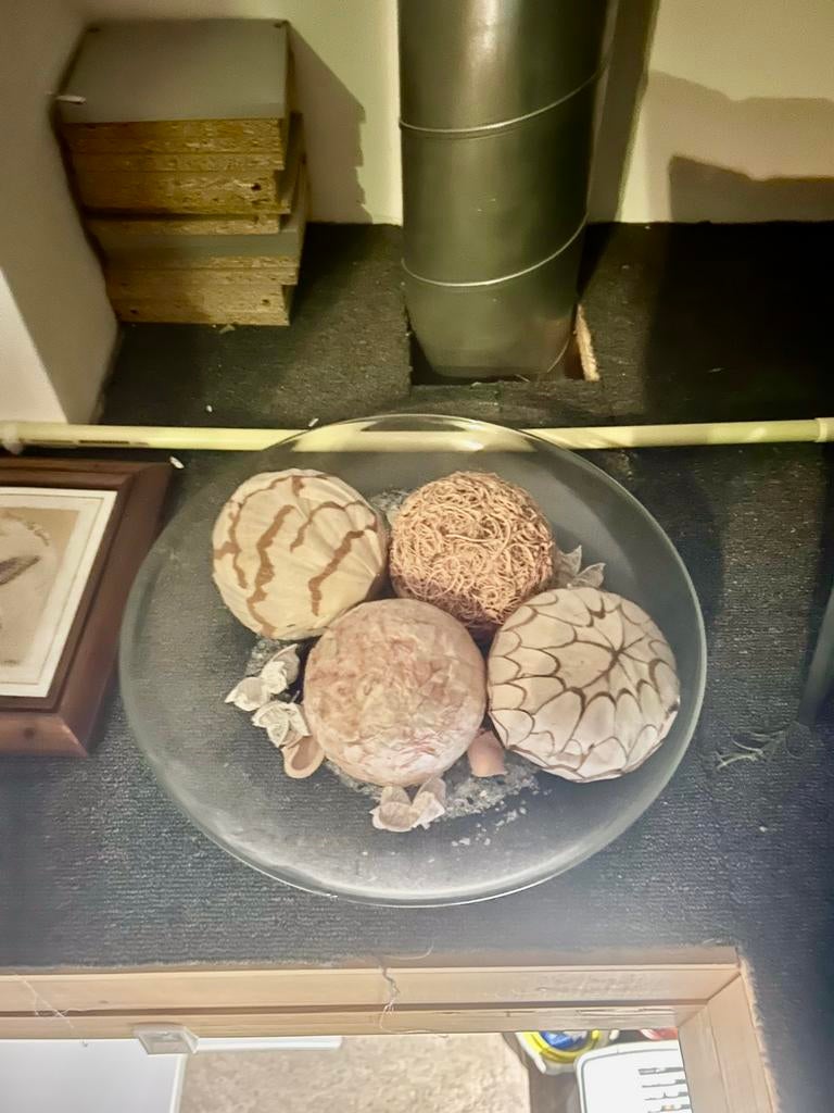 Glazen schaal met decoratie, Ophalen, Gebruikt, Schaal, Rond