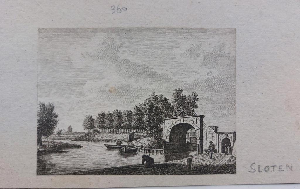360 / De Lemster Waterpoort te Sloten Originele gravure 1790, Ophalen of Verzenden