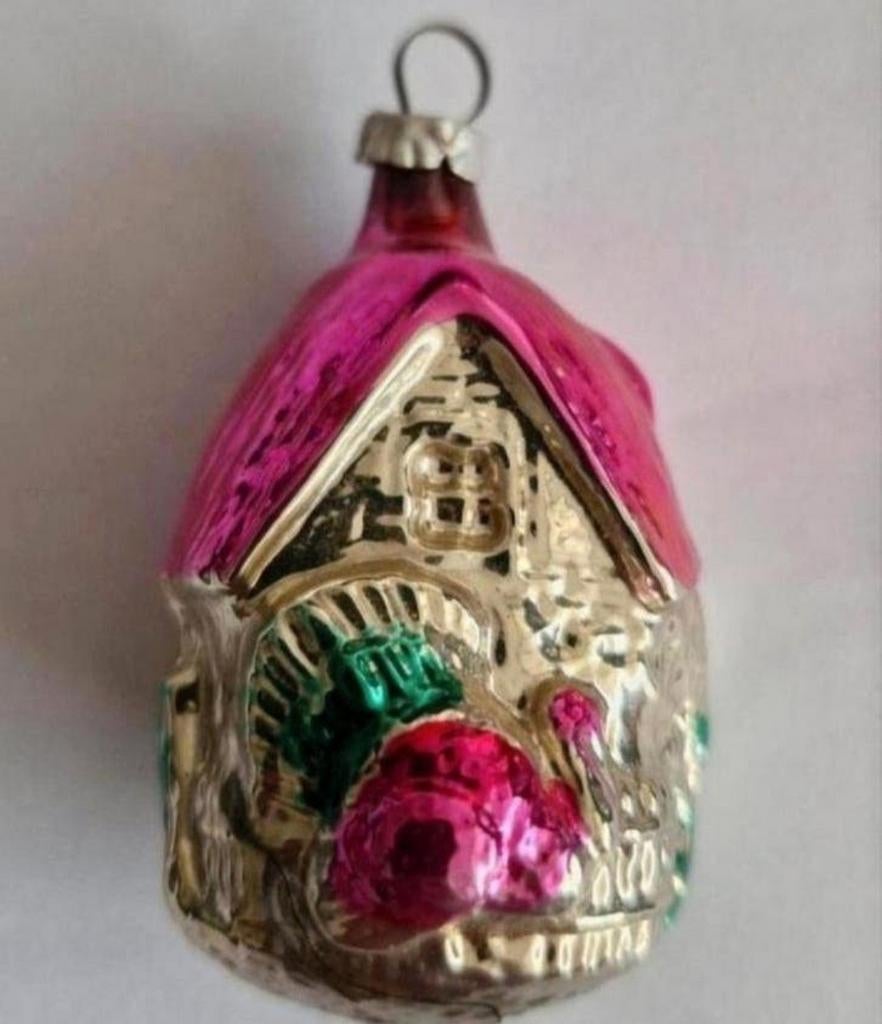 Oud Kerstbal Huisje met Roze Dak, Ophalen of Verzenden