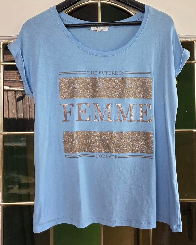 Enjoy shirt met gouden letters - Maat M, Maat 38/40 (M), Blauw, Enjoy, Ophalen of Verzenden