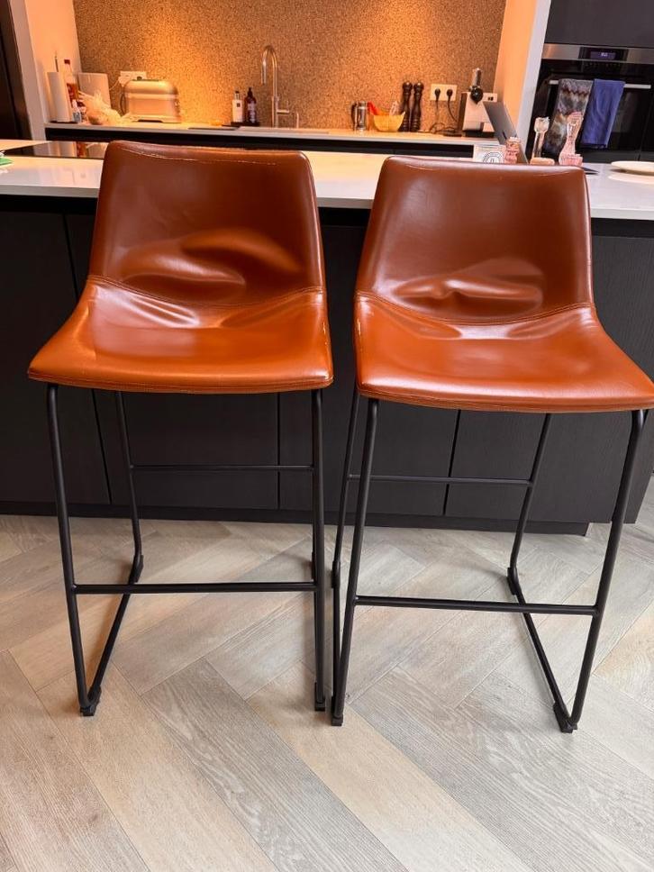 Barstoelen, leer cognac bruin, zithoogte 73cm, Huis en Inrichting, Barkrukken, Gebruikt, 60 tot 90 cm, Leer, 2 krukken, Ophalen