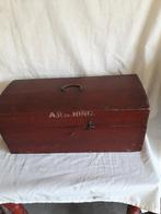 Antiek houten kistje volkskunst met schaatsen, Ophalen of Verzenden