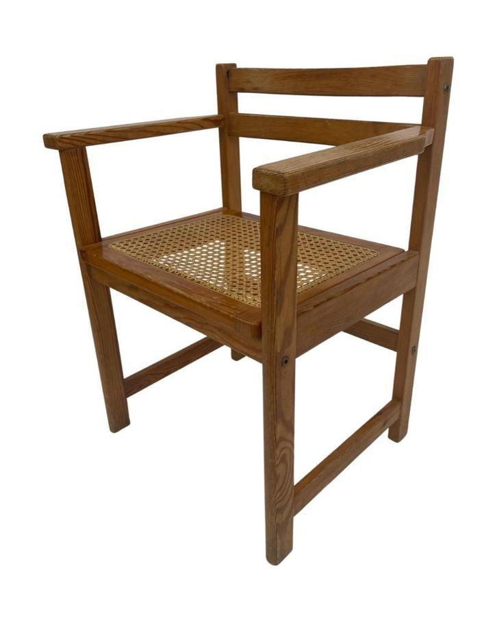 Vintage stoel webbing grenenhout jaren 70 design werkstoel, Huis en Inrichting, Stoelen, Gebruikt, Eén, Hout, Riet of Rotan, Bruin